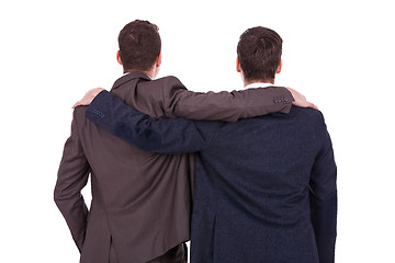 Image showing rear view of two young business men friends