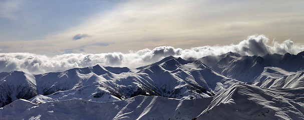 Image showing Panorama of winter mountains at sunset