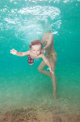 Image showing Mother teach little son to swim