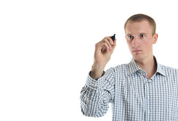 Image showing handsome young business man touching screen isolated