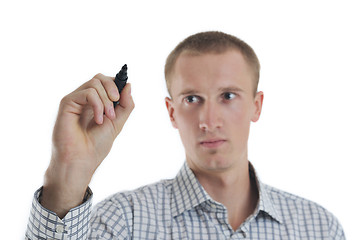 Image showing handsome young business man touching screen isolated