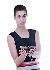 Image showing young lady isoladet on white background hold tasty chocolate