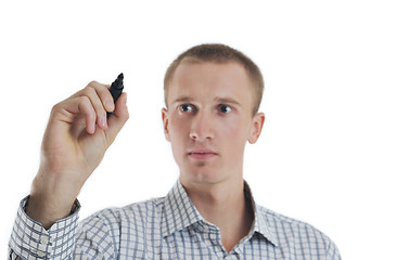 Image showing handsome young business man touching screen isolated