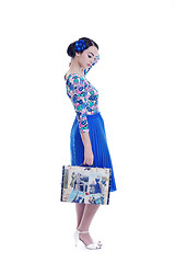 Image showing pinup retro  woman with travel bag isolated