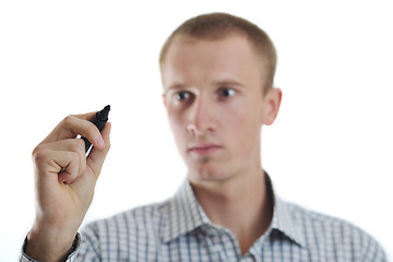 Image showing handsome young business man touching screen isolated