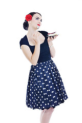 Image showing pinup retro  woman with travel bag isolated