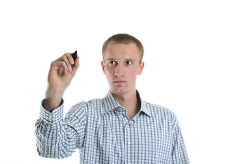 Image showing handsome young business man touching screen isolated