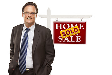 Image showing Businessman and Sold Home For Sale Real Estate Sign Isolated