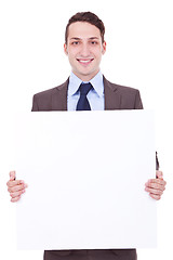 Image showing business man showing blank signboard