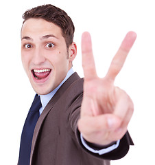 Image showing businessman making the victory hand gesture