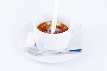 Image showing Pouring cream into a cup of coffee 