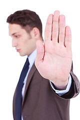 Image showing Business man showing stop gesture 