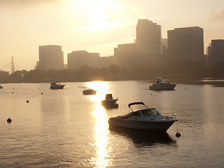 Image showing Motorboats anchored in the Charles River in Boston