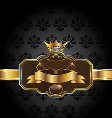 Image showing Vintage golden emblem on black floral background