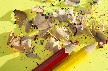 Image showing Color pencils and pencil peels