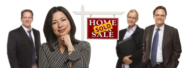 Image showing Mixed Race People with Sold Real Estate Sign Isolated