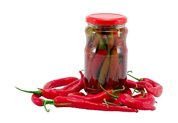 Image showing Red hot chilli pepper paprika preserve glass pot 