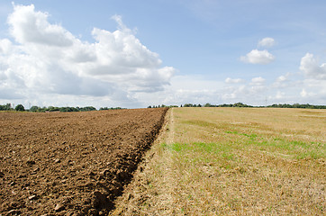 Image showing Partly plowed agricultural autumn field and sky 