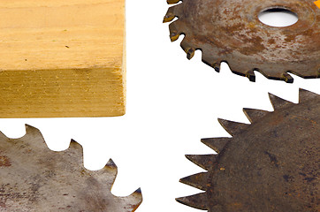 Image showing circular saw disks blades and boad part on white 