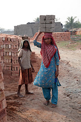 Image showing Brick field workers carrying complete finish brick from the kiln