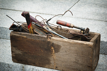 Image showing old wooden box with tools 