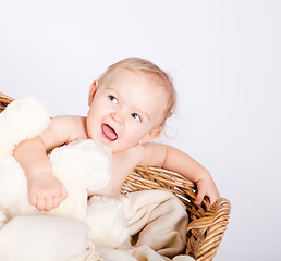 Image showing cute little baby infant in basket with teddy 