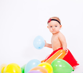 Image showing cute little baby child with colorfull balloons birthday