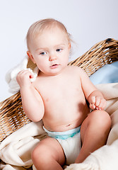 Image showing cute little baby infant in basket with teddy 