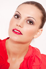 Image showing beautiful brunette woman with red lips and makeup