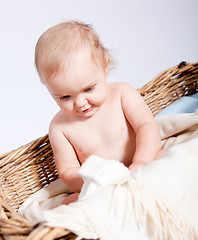 Image showing cute little baby infant in basket with teddy 