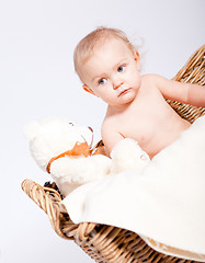 Image showing cute little baby infant in basket with teddy 