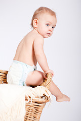 Image showing cute little baby infant in basket with teddy 