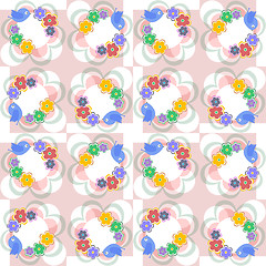 Image showing Flowers, leaves and love birds seamless pattern