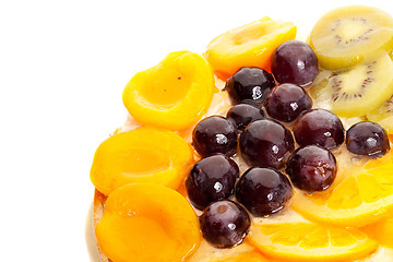 Image showing good looking fruits on top of a yummy cake 