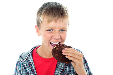 Image showing Smart looking young boy relishing yummy chocolate cookie