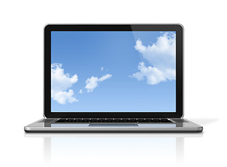 Image showing Laptop computer with sky screen isolated on white
