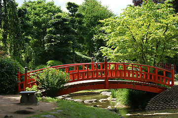 Image showing Red bridge in a japanese garden