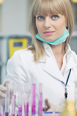 Image showing female researcher holding up a test tube in lab