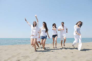 Image showing Group of happy young people in have fun at beach