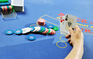 Image showing woman play black jack card game in casino