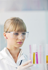 Image showing female researcher holding up a test tube in lab