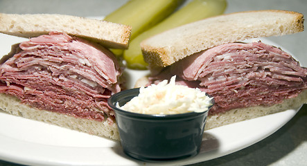 Image showing combination corned beef tongue sandwich  Jewish rye bread at kos