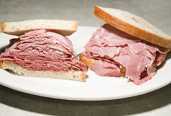 Image showing combination corned beef tongue sandwich  Jewish rye bread at kos