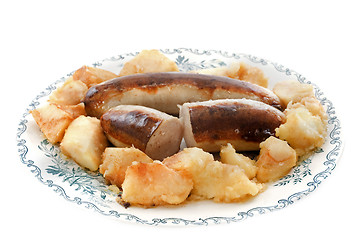 Image showing baked white sausages with apple