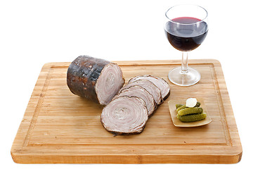 Image showing andouille sausage and red wine