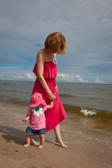 Image showing Mother with her baby  having fun on the beach