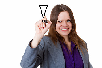 Image showing Young woman writing exclamation mark