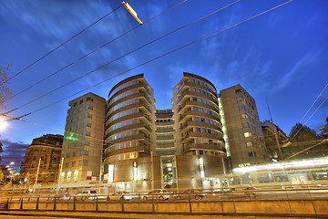 Image showing City town in front of Lausanne main station at sunset in Switzer