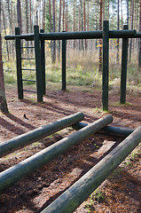 Image showing Exercise equipment  of logs  in a forest park