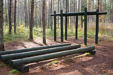 Image showing Exercise equipment  of logs  in a forest park